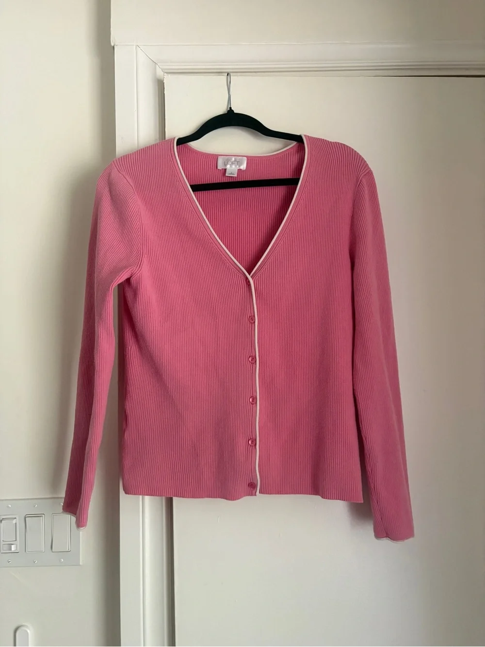 LOFT Pink Ribbed V-Neck Cardigan with white Trim - Picture 1 of 15